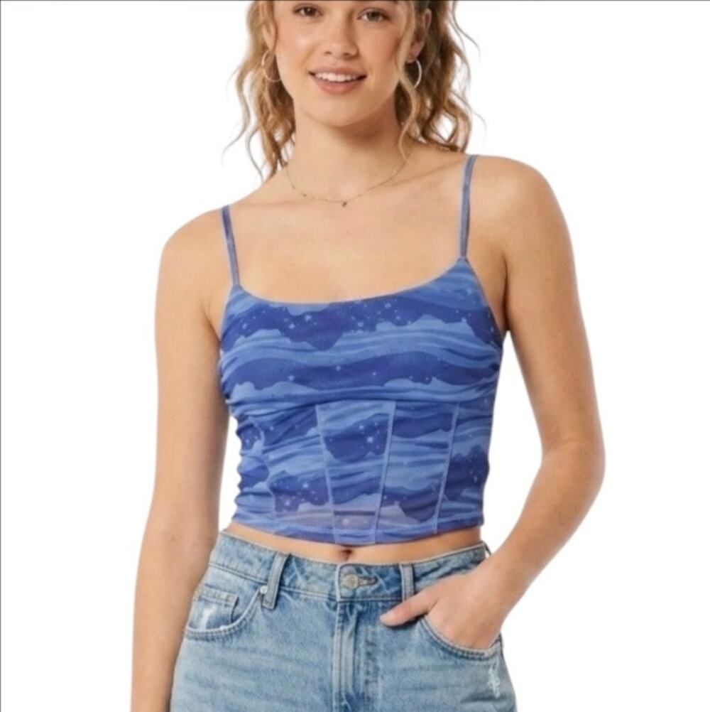 🔥 Urban Outfitters Blue Mesh Celestial Print Cropped Tank Top Size Medium